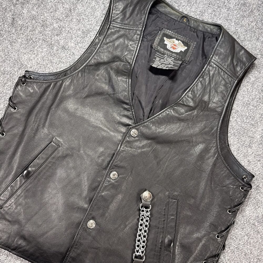 Harley Davidson Vest L Black Leather Pathway Snap Pockets Bar Shield 98103-02VM